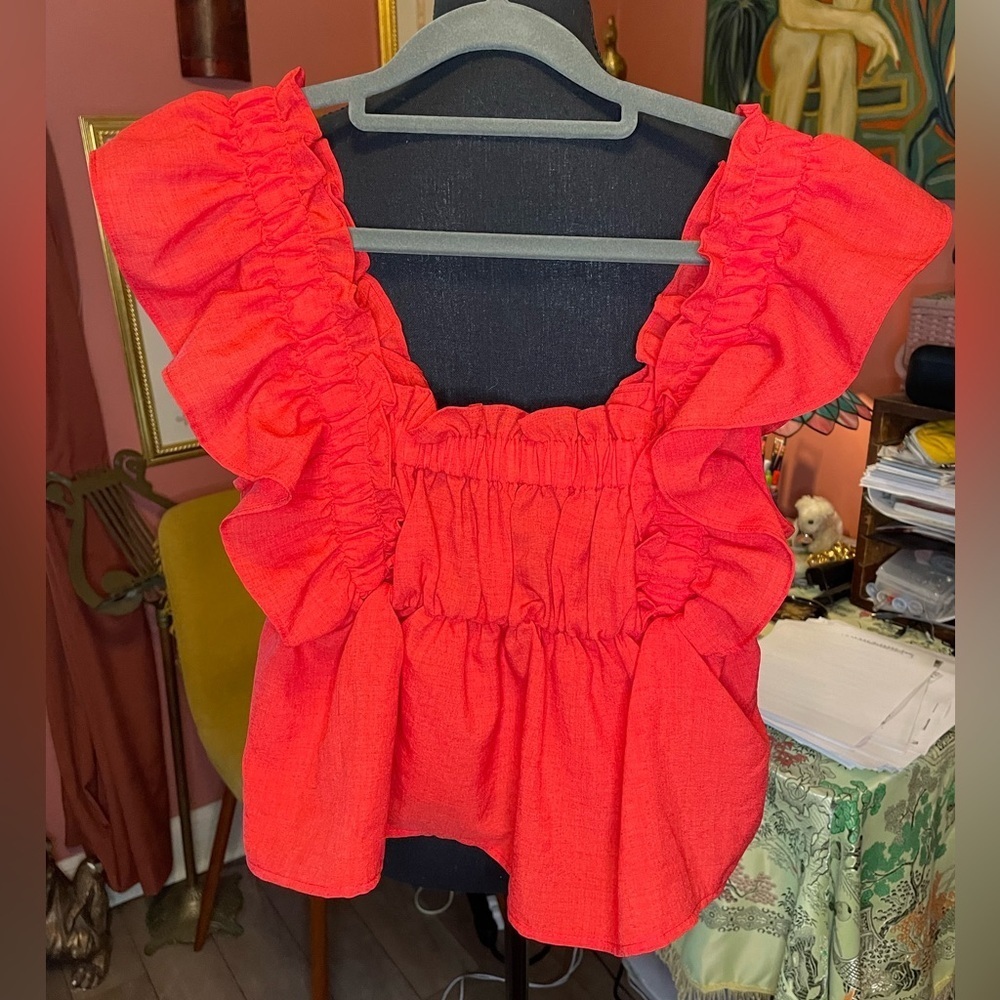 Glam Strawberry Red Ruffle Crop top. Size small. Excellent condition $58